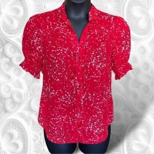 Worthington Red Sheer Floral Button-Up Blouse w. Light Ruffle Puff Sleeve